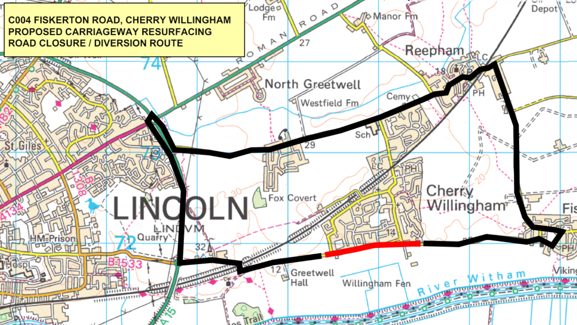 A map of the road diversion for the works.