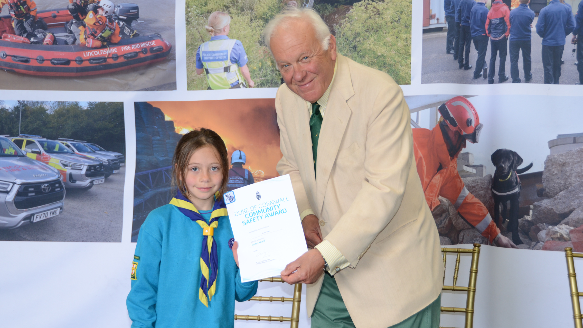 Lord Lieutenant of Lincolnshire awarding young girl a Duke of Cornwall award