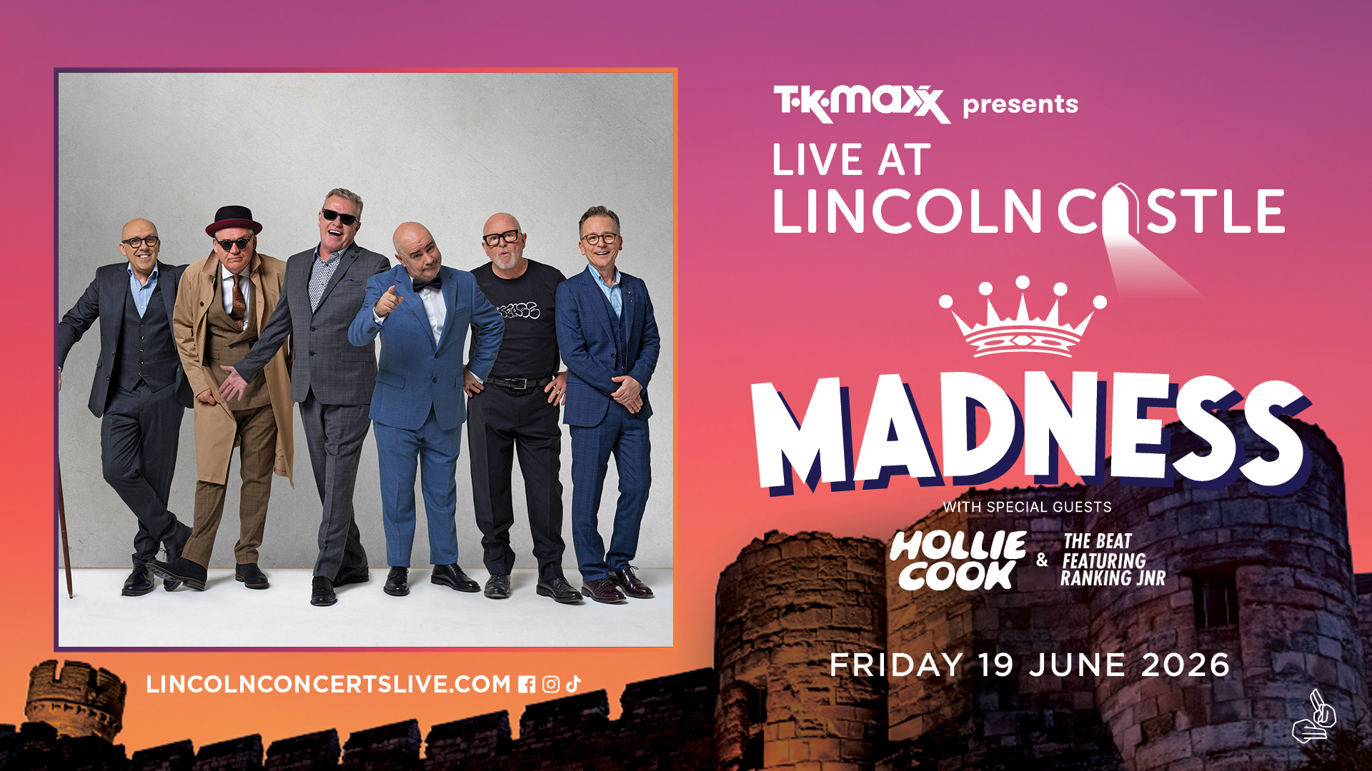 Madness Live at Lincoln Castle full line up promotional graphic. The band are pictured. In the background are Lincoln Castle's medieval walls.