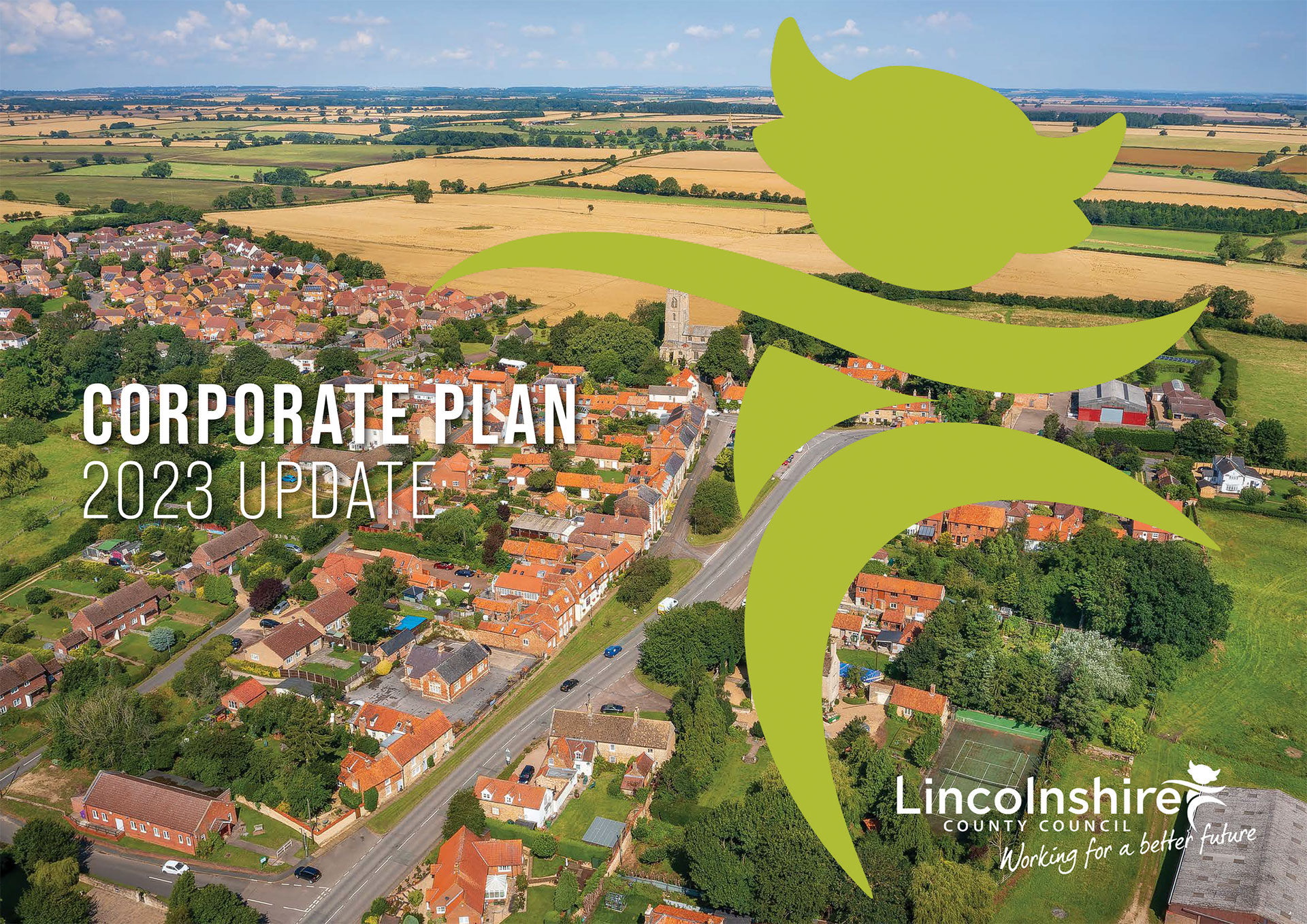 Corporate plan cover image of the LCC Imp with an aerial view of Lincolnshire in the background.