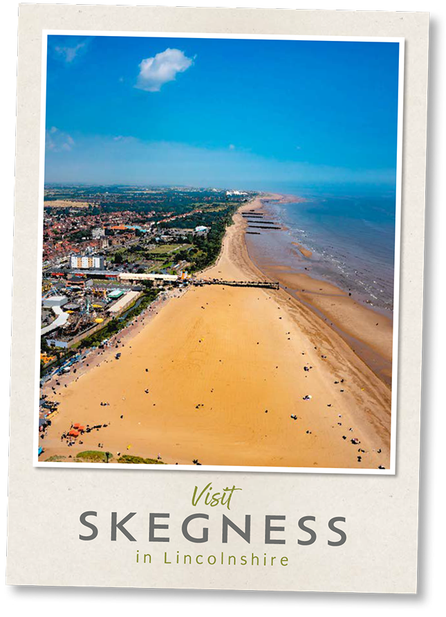 A postcard style graphic containing an aerial view of Skegness beach front