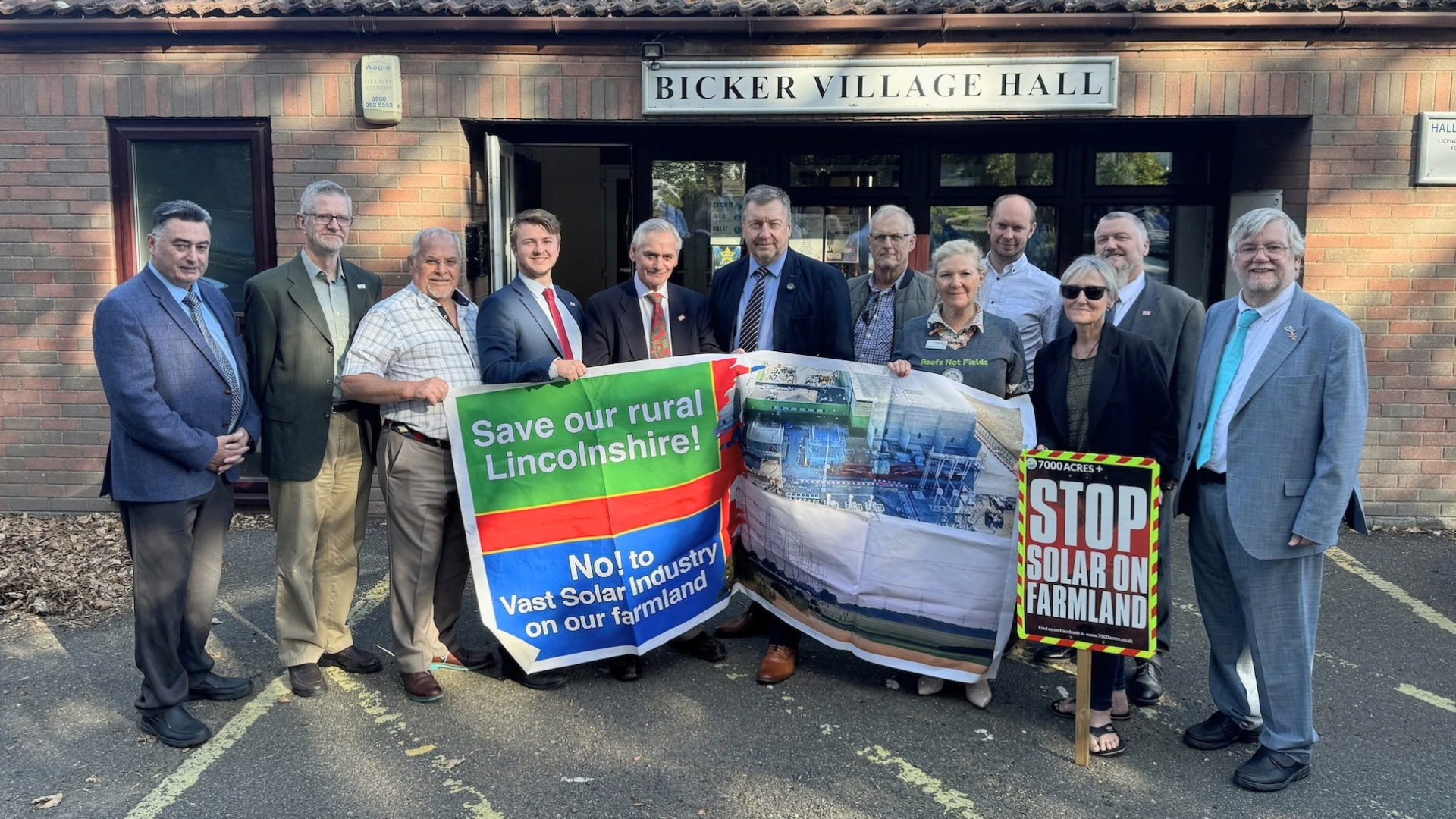 Photo caption - County councillors joined residents outside Bicker Village Hall to announce the legal challenge.