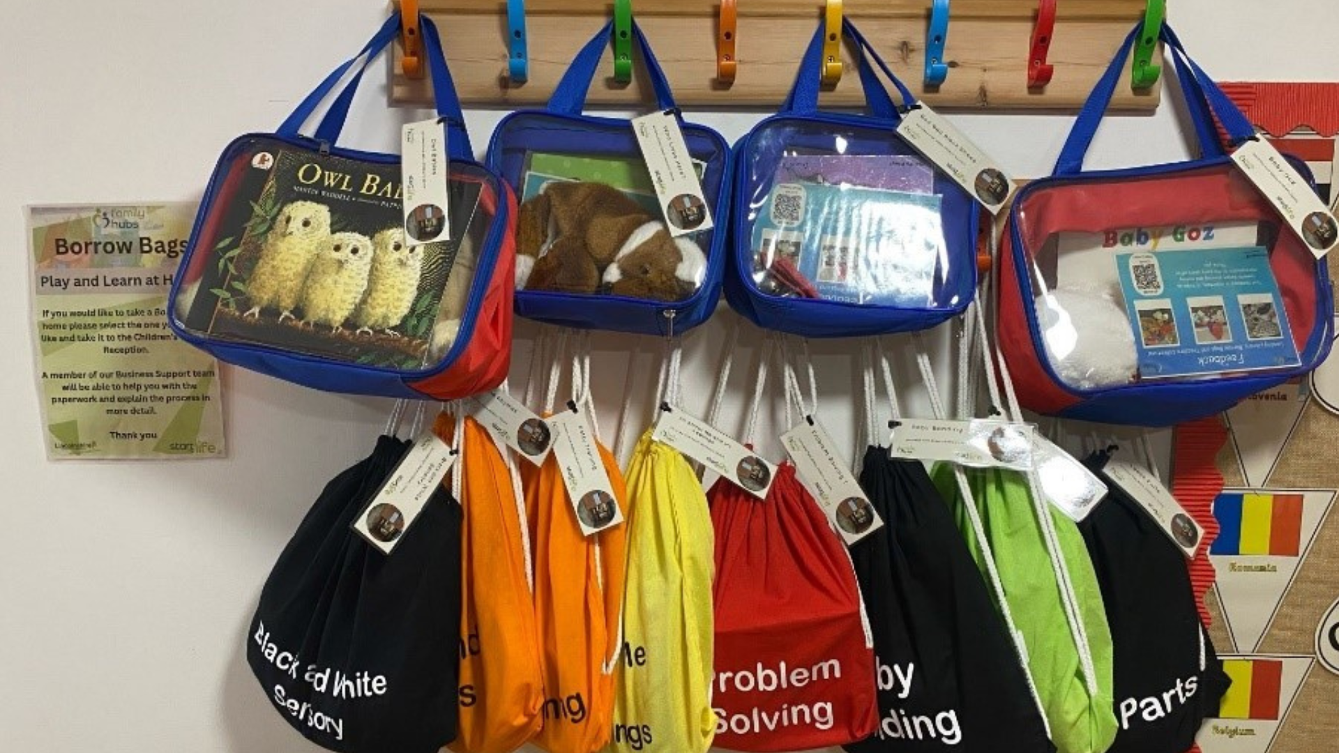 Borrow bags hanging up on pegs