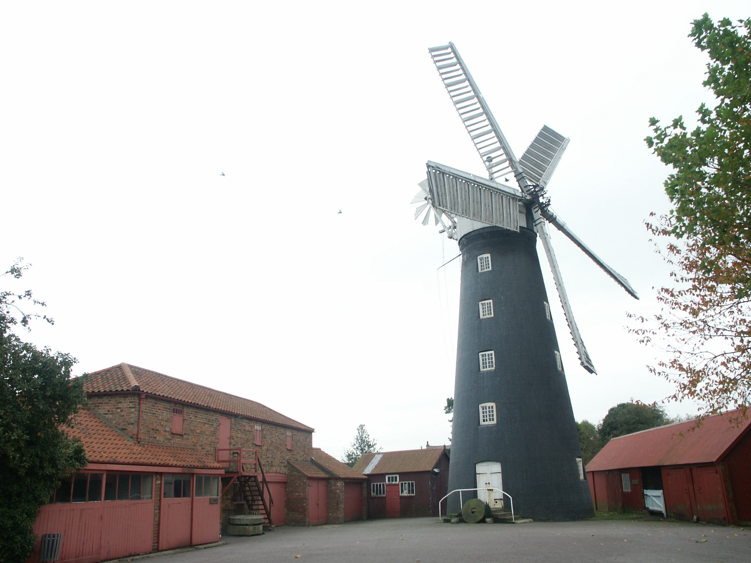 Dobson's windmill, Burgh le Marsh next to brick buildings on an overcast day