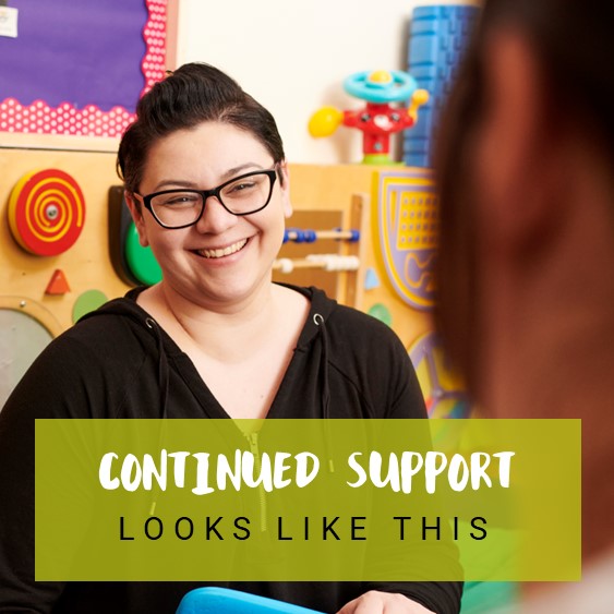 A lady smiling with text reading &#039;continued support looks like this&#039;