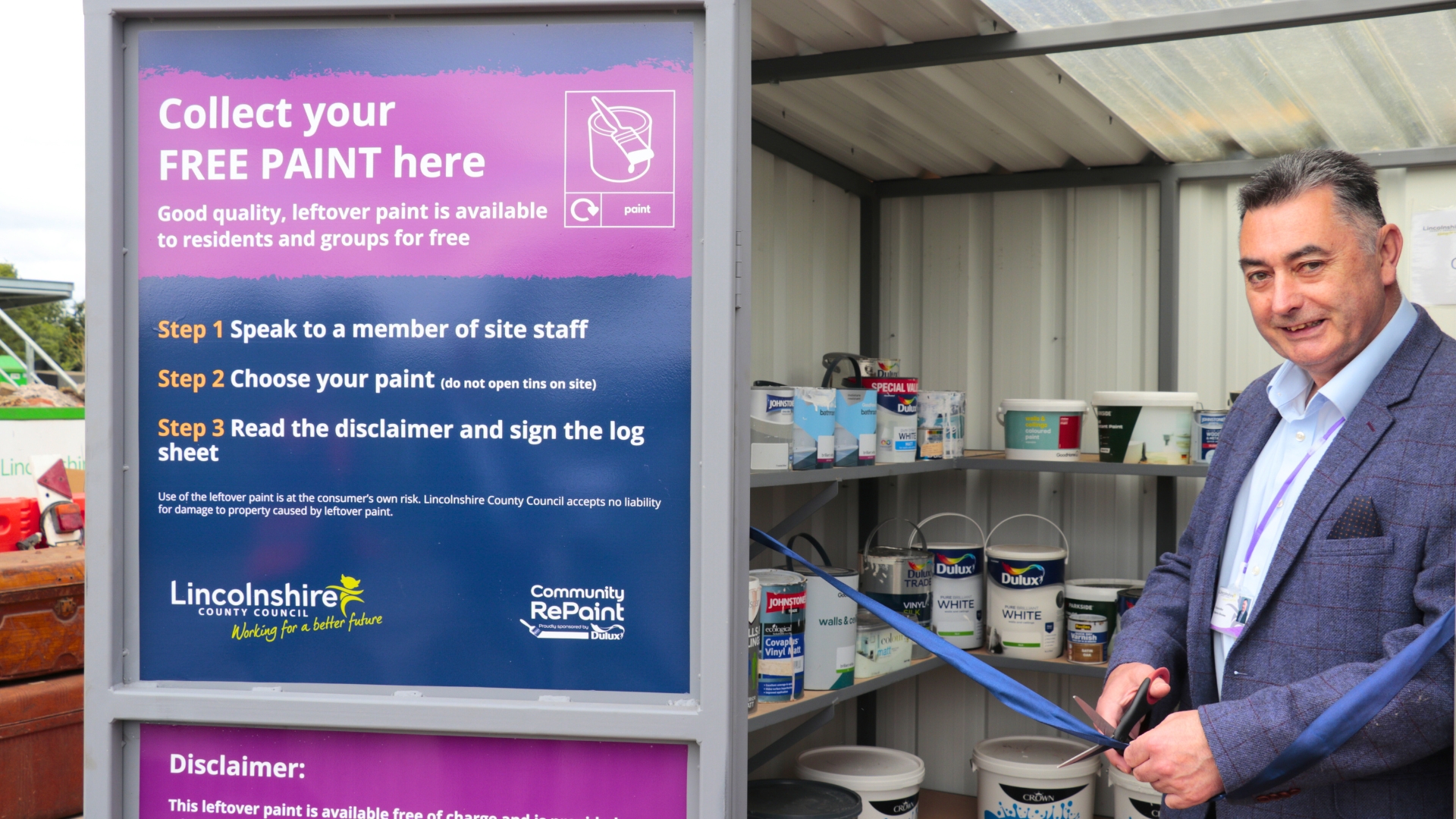 Cllr Danny Brookes, executive member for environment at Lincolnshire County Council, officially opens the county's third Community RePaint store at Tattershall Household Recycling Centre