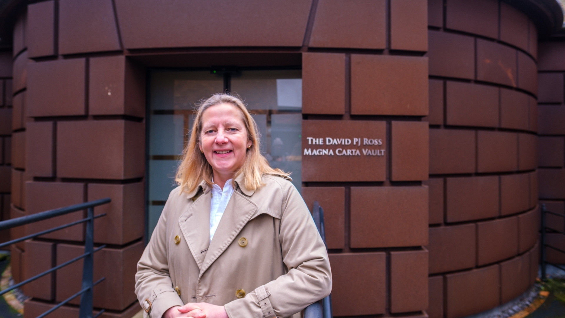 Cllr Lindsey Cawrey pictured outside the David P J Ross Magna Carta Vault