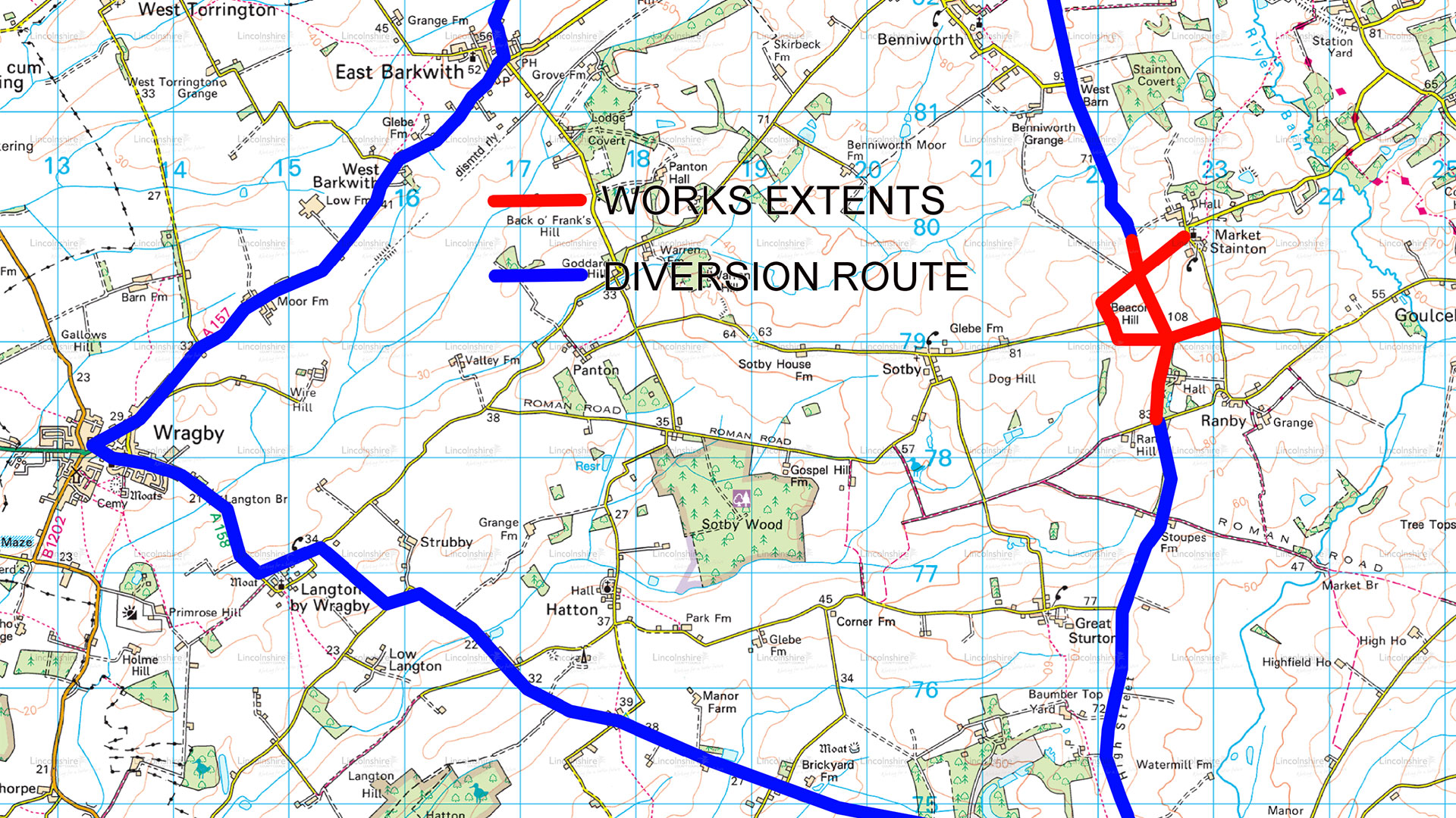 Diversion route B1225 Ranby