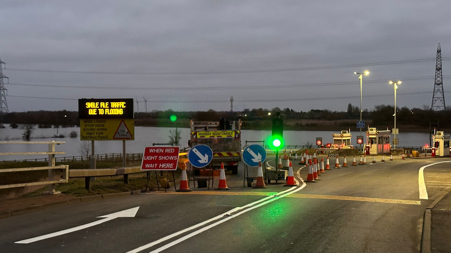 A view of Dunham Bridge controlled by temporary traffic signals