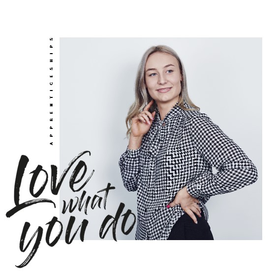 Young women smiling with text reading &#039;love what you do&#039;