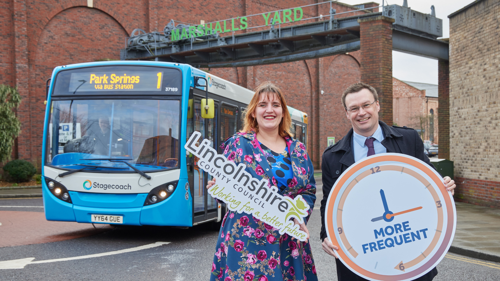 Cllr Clio Perraton-Williams and Matt Cranwell, Managing Director of Stagecoach East Midlands, pictured in front of one of the Gainsborough buses.