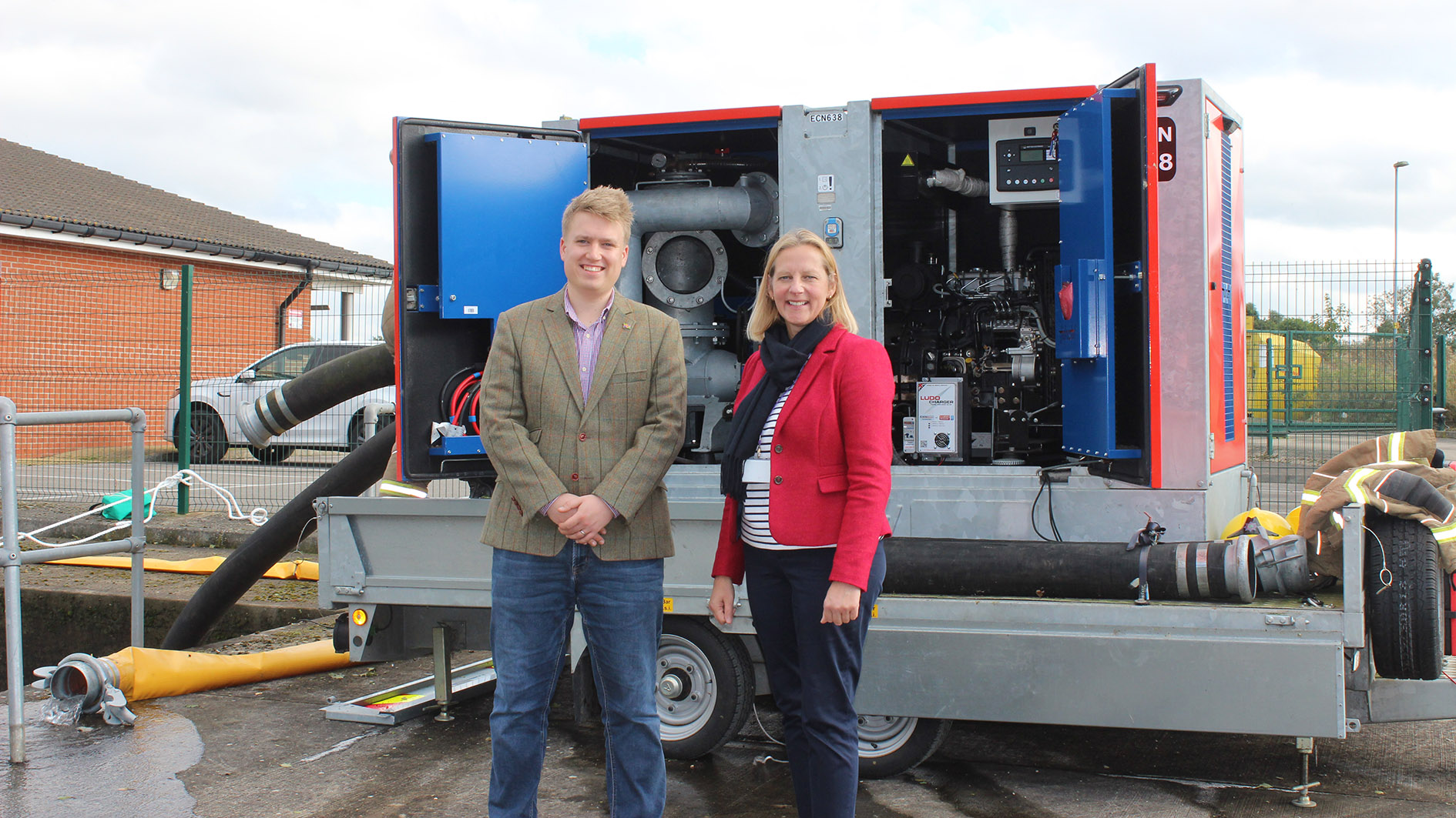 Cllr Tom Dyer and Cllr Lindsey Cawrey with the new flood pump.