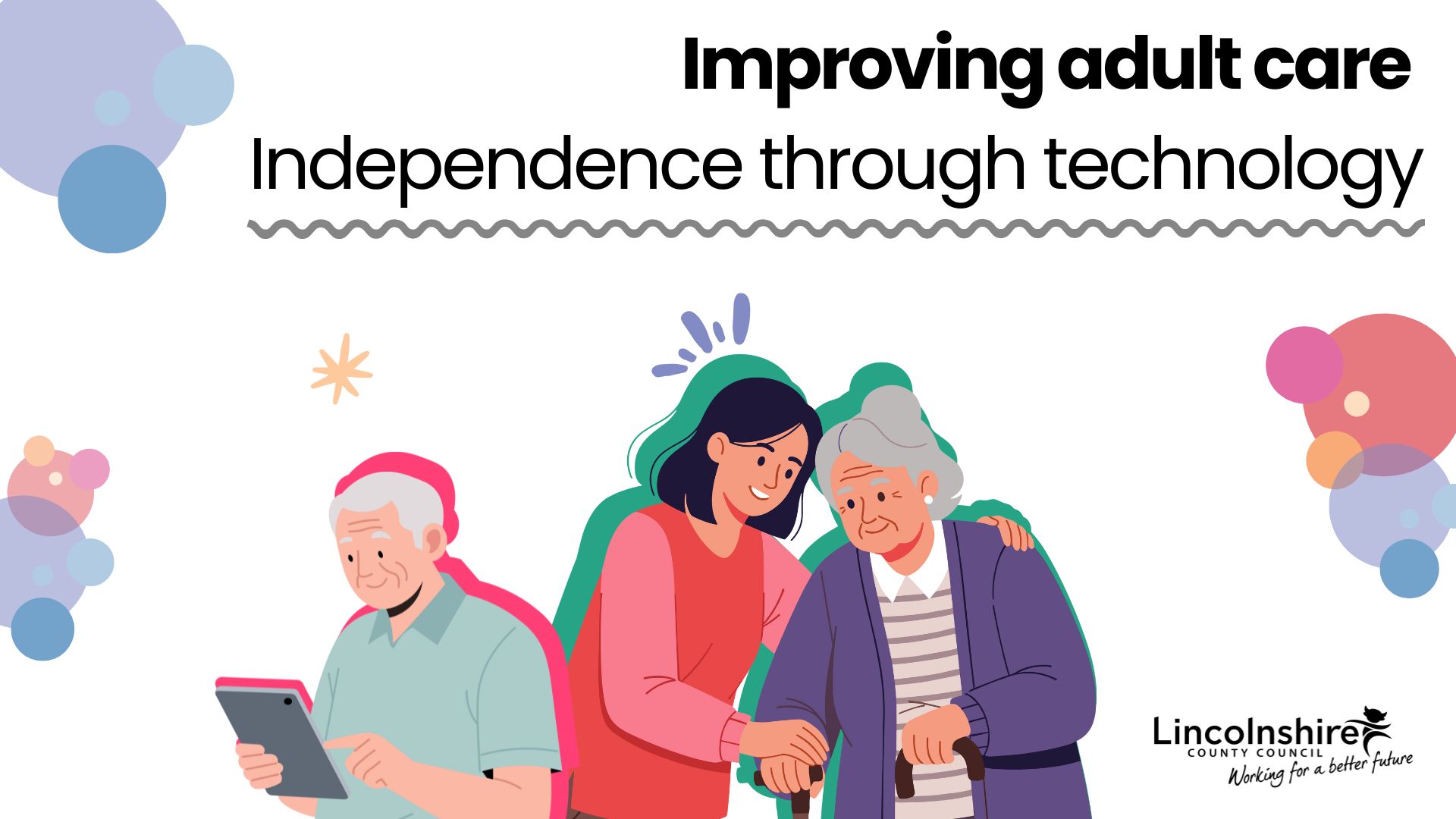 Graphic of carer supporting elderly people