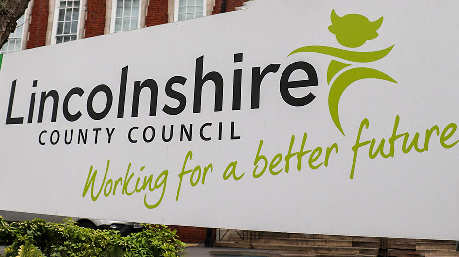 Lincolnshire County council&#039;s main building sign close up.