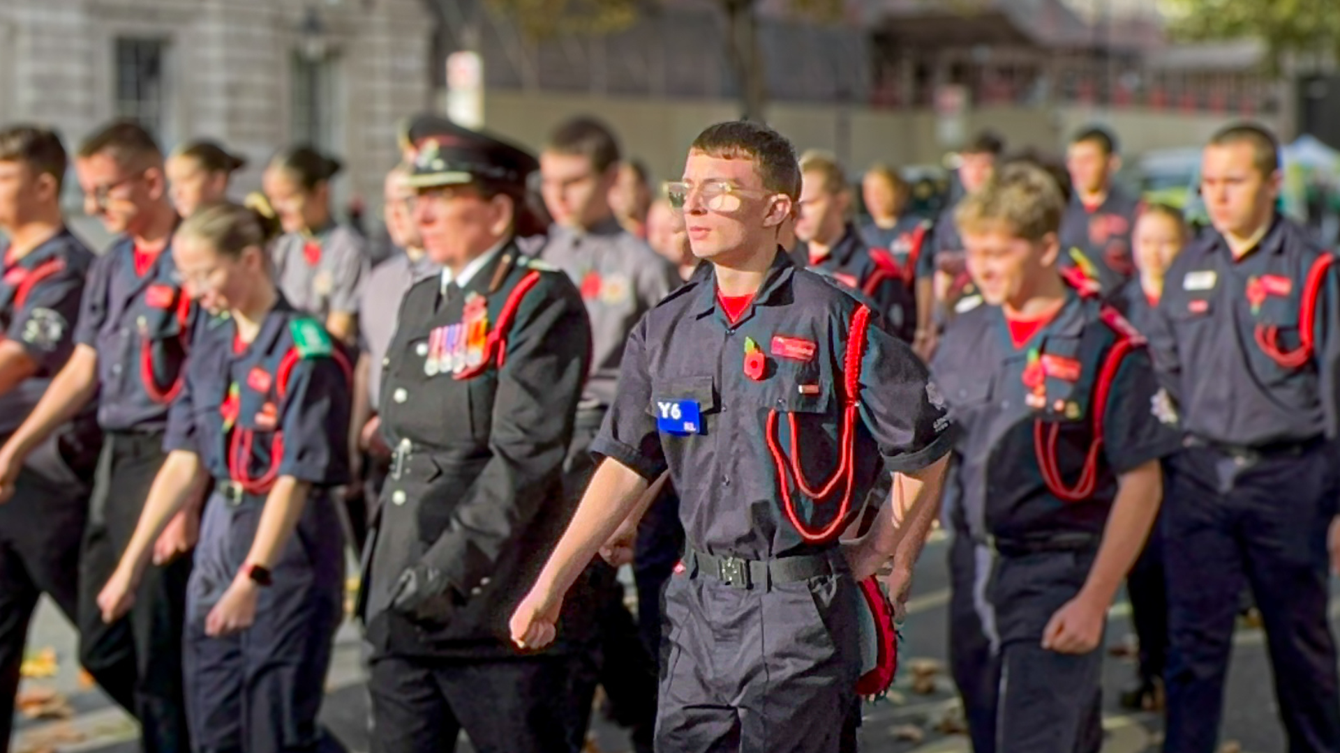 Cadet Connor leading cadets in remembrance day parade