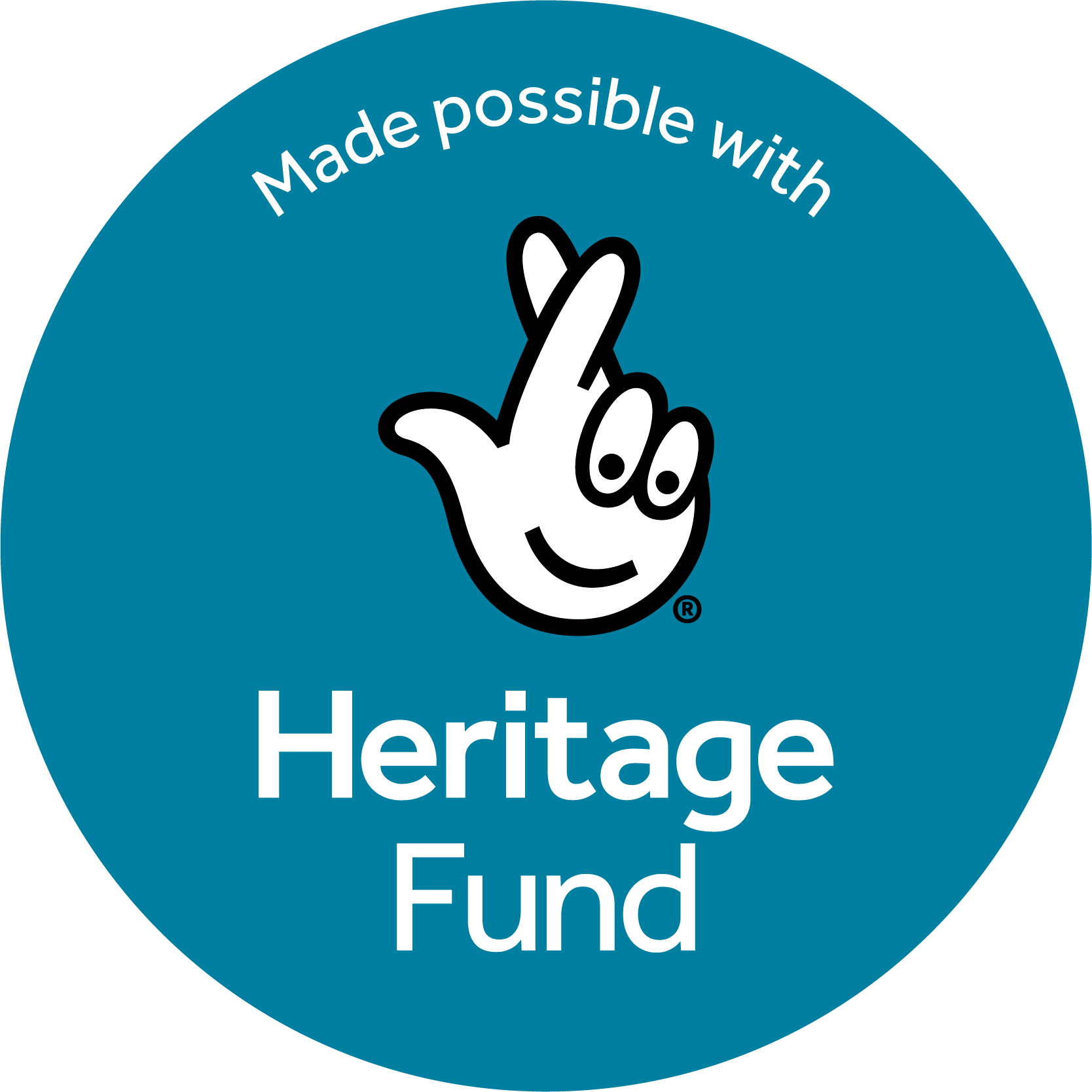 National lottery logo in the middle of a blue circle with the writing 'Made possible with the Heritage Fund' surrounding it.
