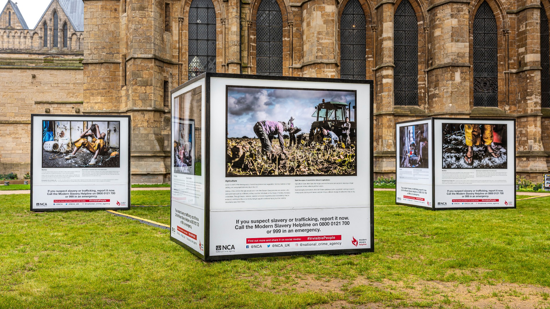 Modern slavery cubes installed outside Lincoln Cathedral.