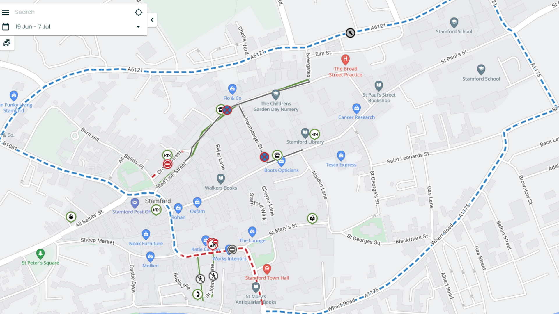 A digital map displaying stamford with blue lines dotted around the outskirt indicating the work about to commence to improve pedestrian access
