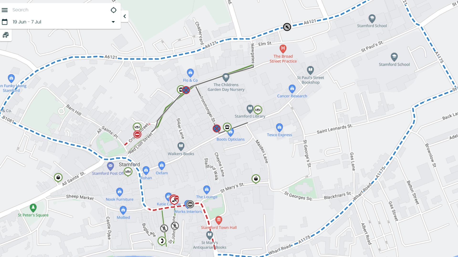 A digital map displaying Stamford with blue lines dotted around the outskirt indicating the work about to commence to improve pedestrian access