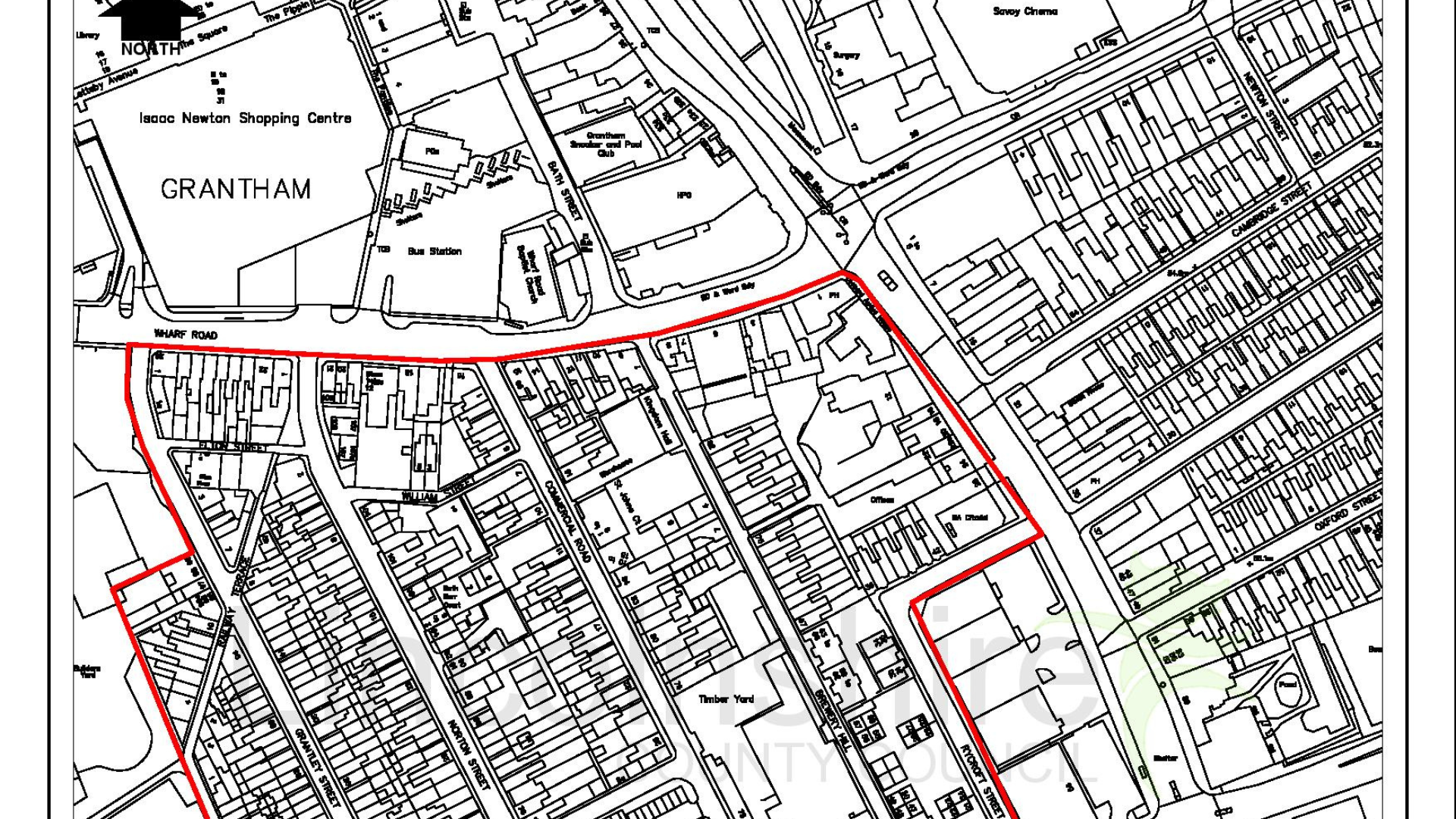 A black and white map of Grantham with a red line indicating area of work