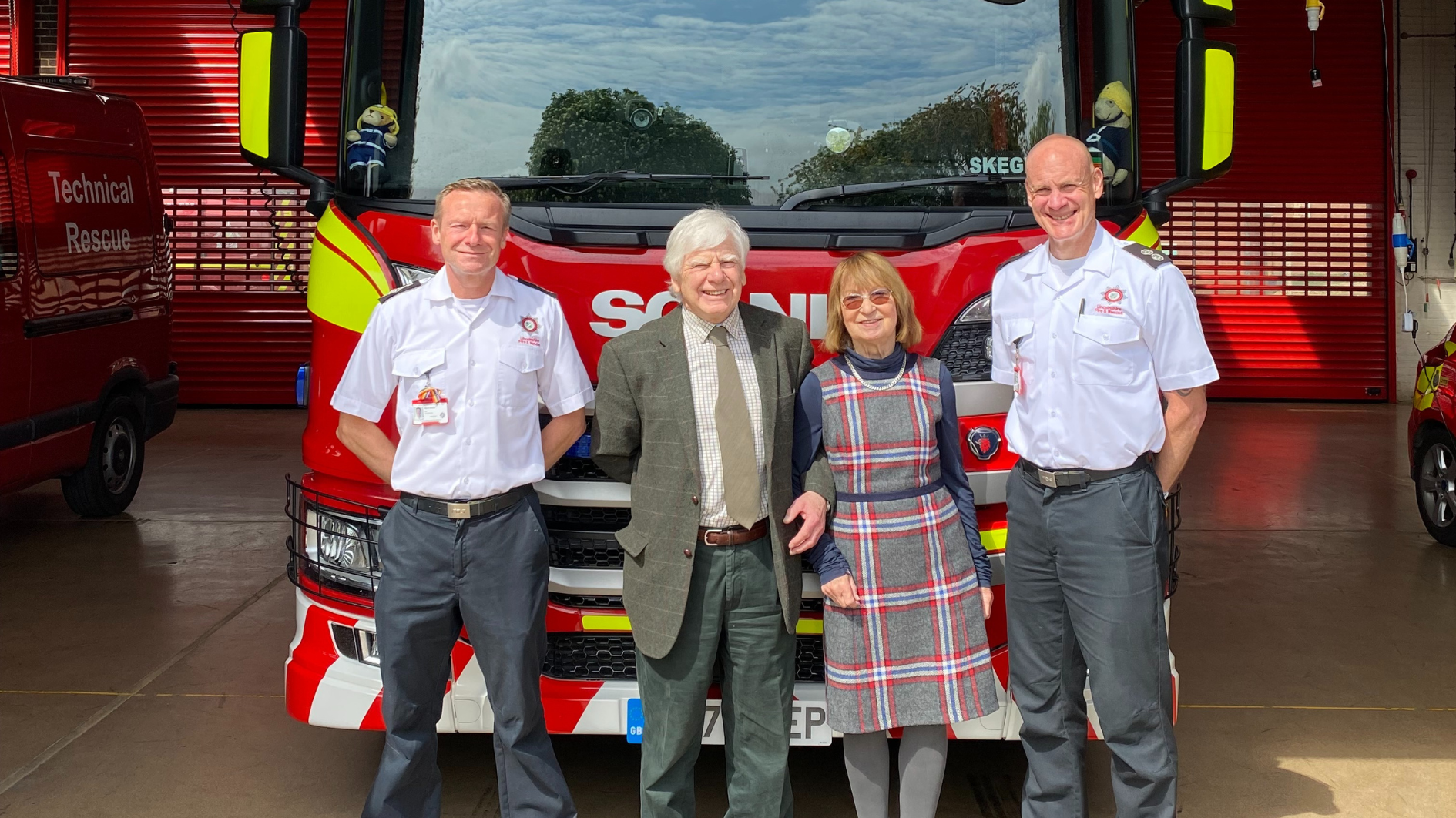 CFO Mark Baxter, John and Josephine Clark, Kyle Campbell at Skegness Fire Station