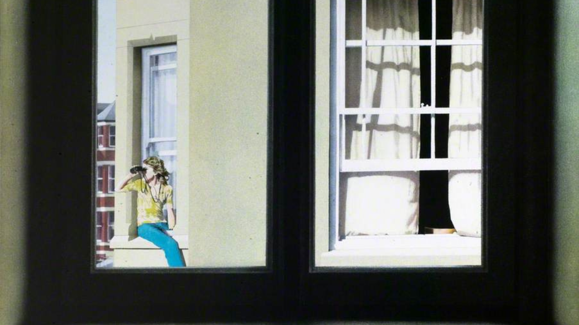 An artists impression of a woman sat on a window ledge of a tall building looking out to the horizon with binoculars