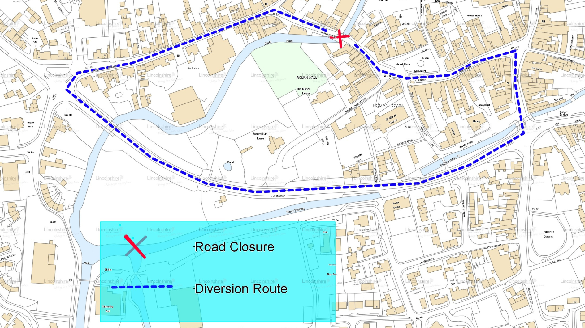 A map showing the diversion route