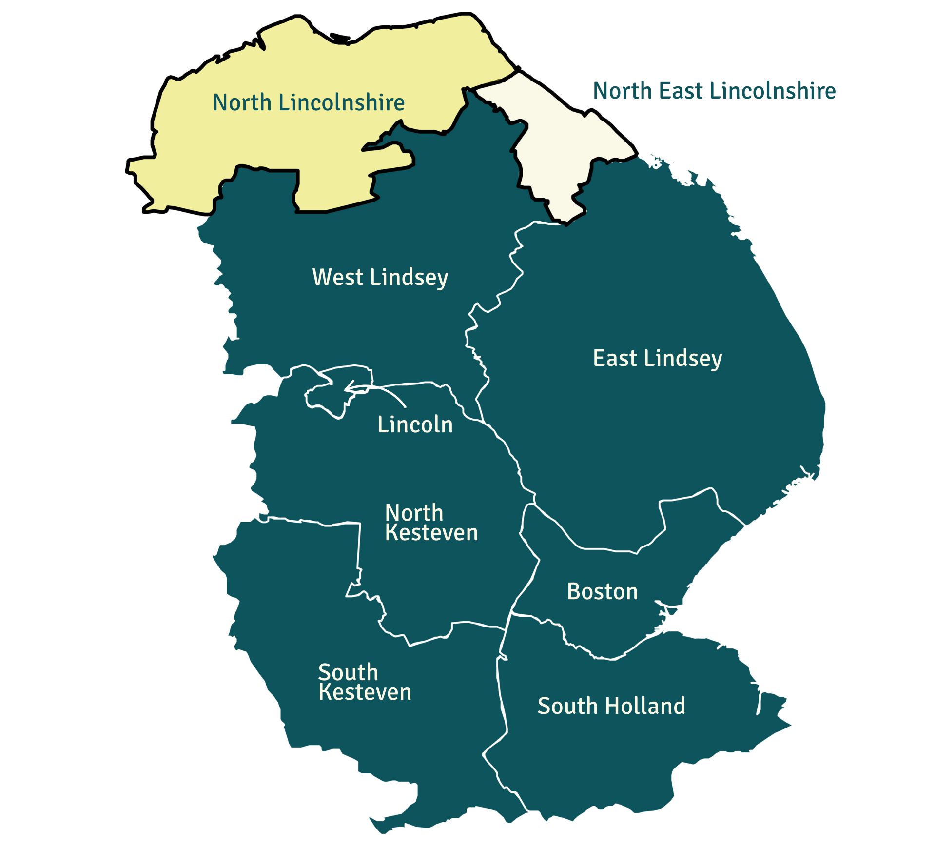 The map of boundaries of Lincolnshire County Council, reflecting the Your Lincolnshire proposal. Excluding North and North East Lincolnshire unitary councils.