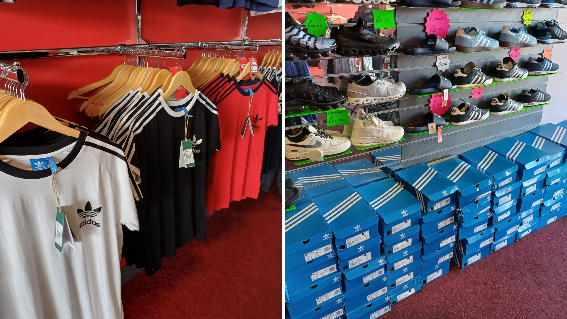 Picture shows some of the fake goods on display in the shop, including t-shirts and trainers