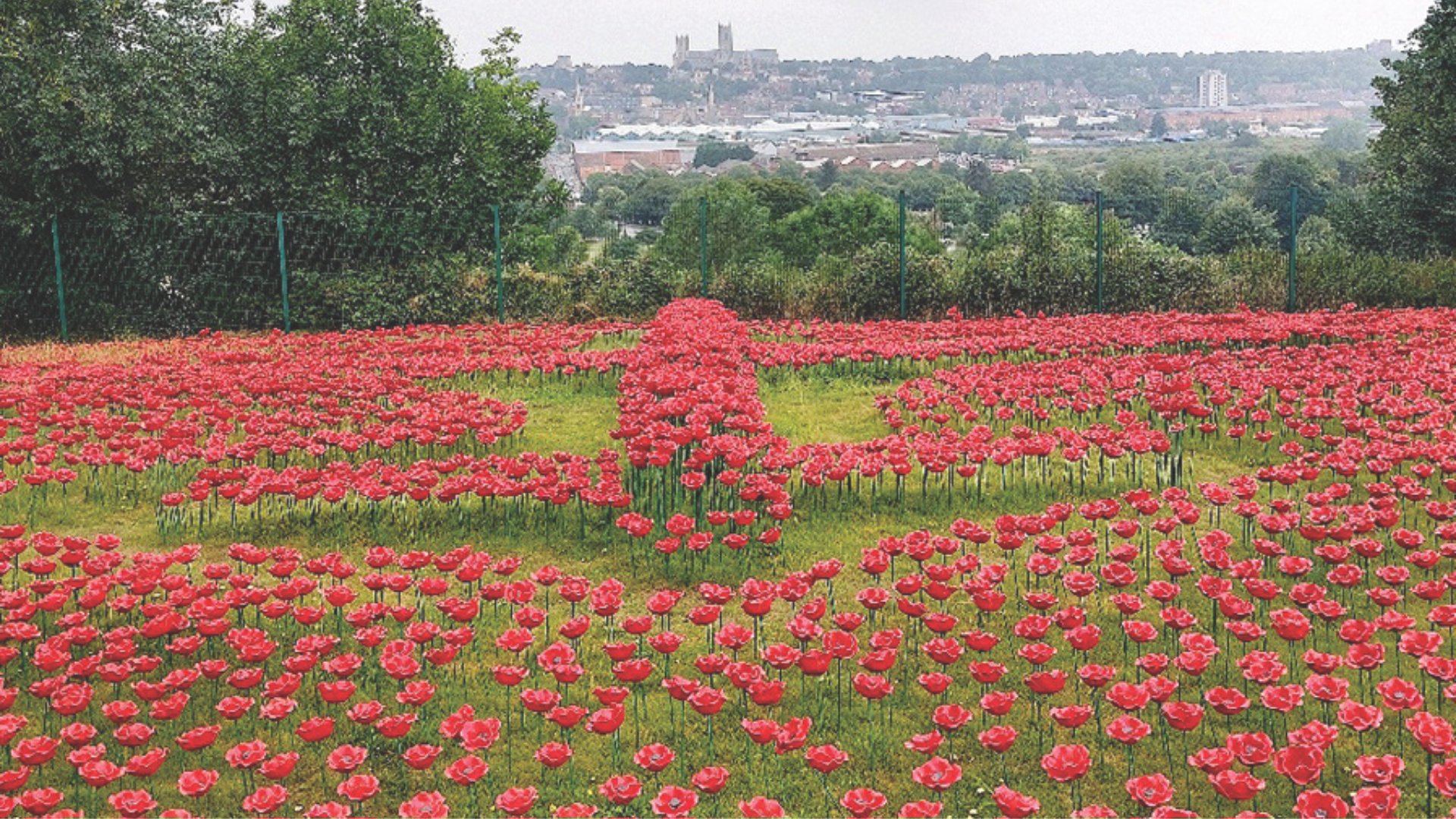 Backdrop of Lincoln’s skyline and in the centre a poppy display with a Lancaster Bomber recreated in poppies.