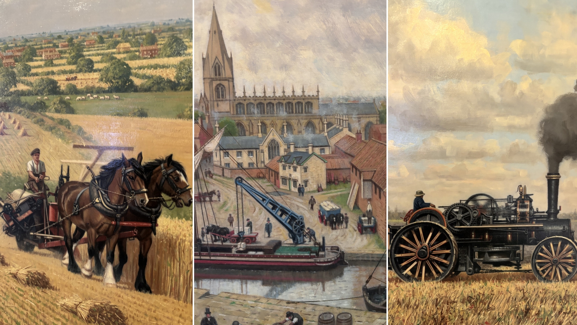 Three of Robin Wheeldon's oil paintings, depicting rural scenes, agricultural machinery, and the Navigation Yard at Sleaford
