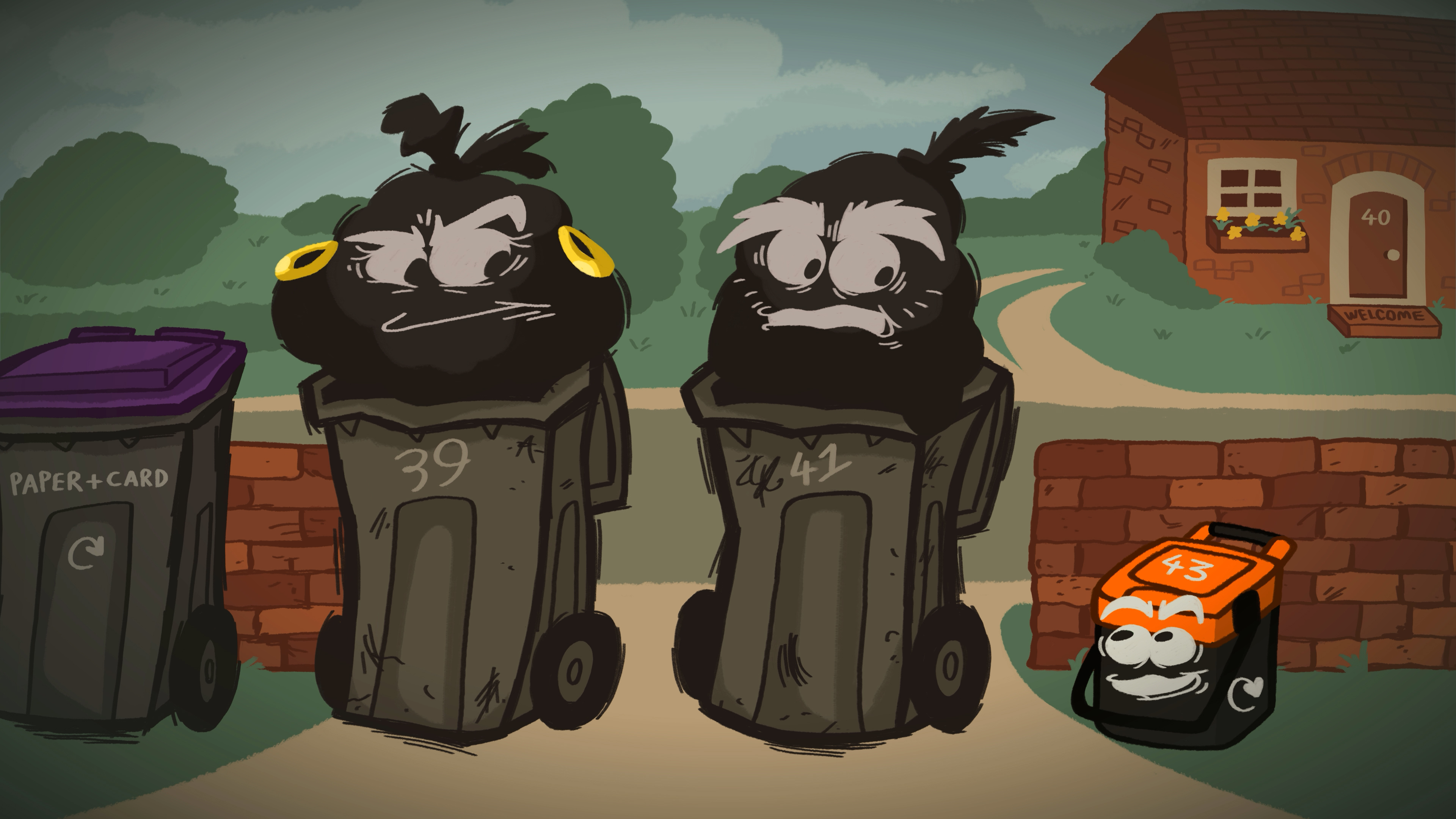 Cartoon illustration of three household waste containers lined up outside brick walls in a residential street alongside a food caddy.