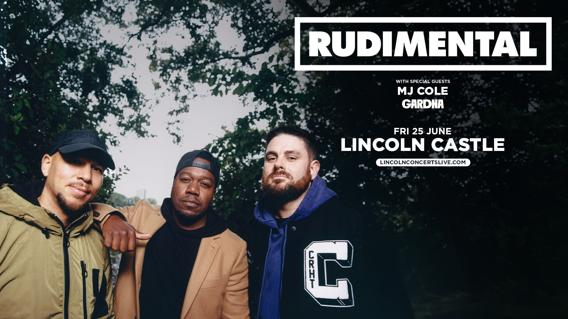 Promotional graphic. Rudimental are pictured outdoors, with text announcing a performance at Lincoln Castle on Friday 25 June 2026, with special guests MJ Cole and Gardna.