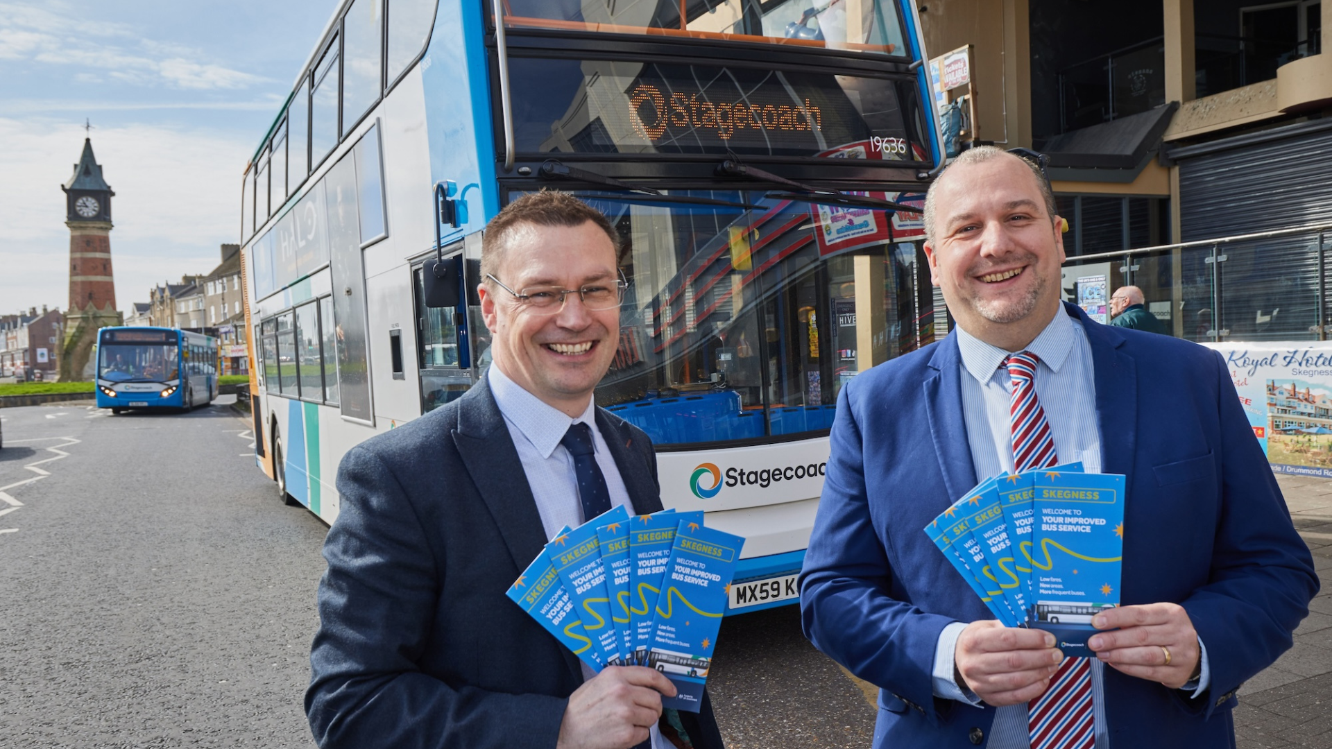Cllr Carl Macey, local member for Skegness, and Matt Cranwell, Managing Director of Stagecoach East Midlands, pictured in front of one of the Skegness buses.