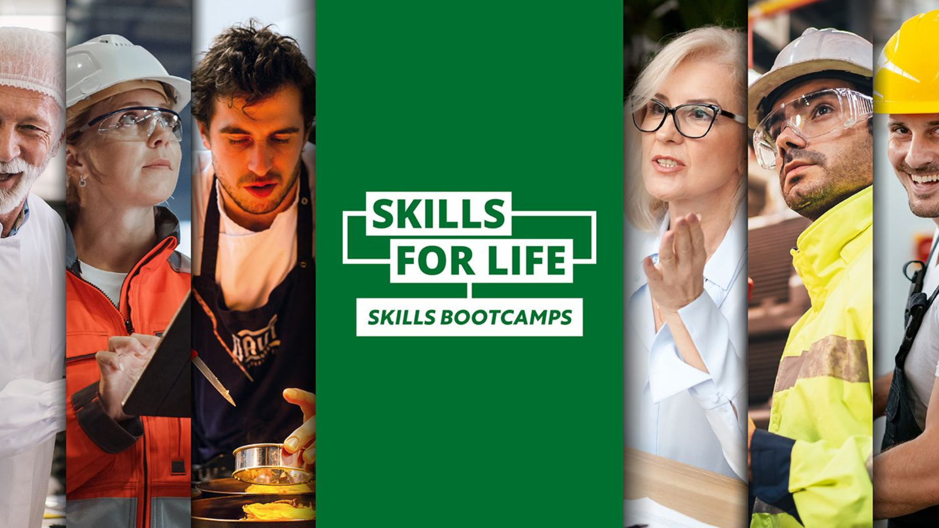 Skills bootcamps logo with different types of workers