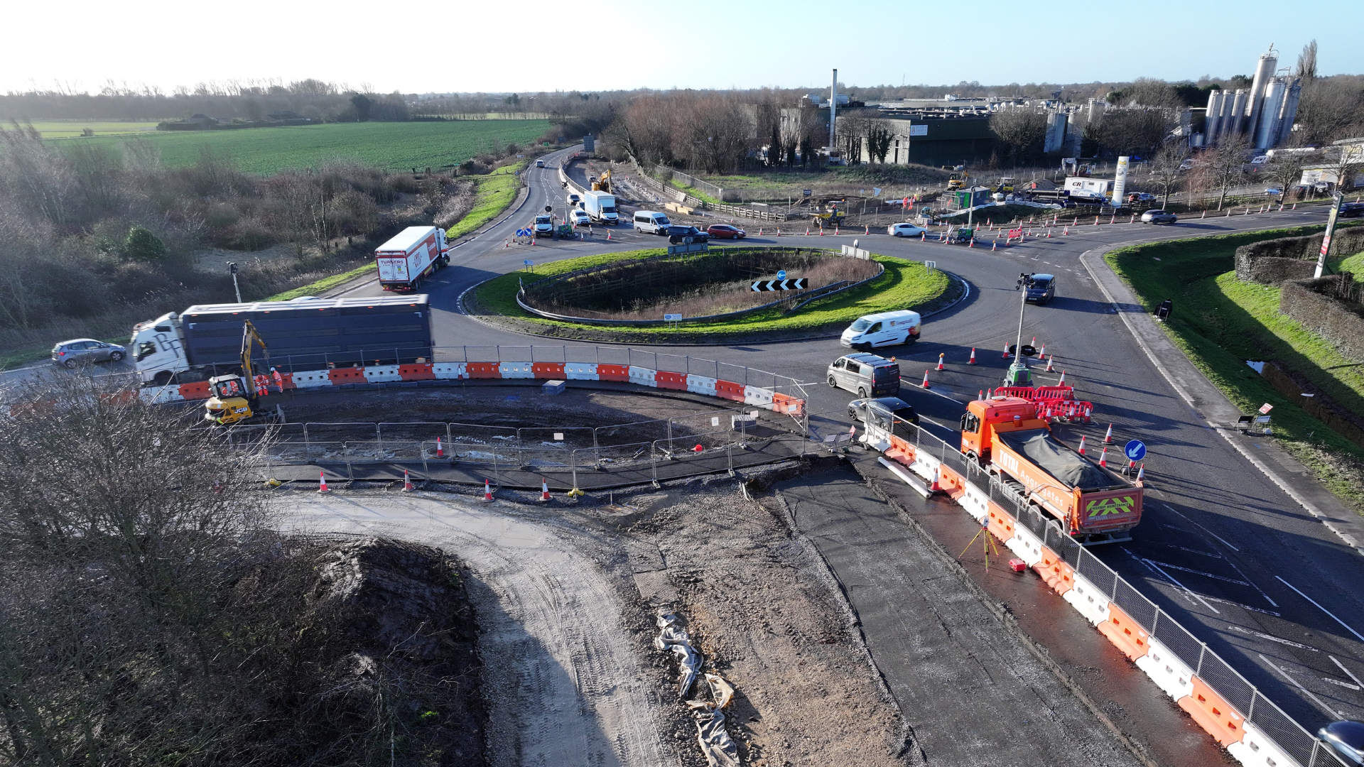 An aerial view on the progress of the roundabout.