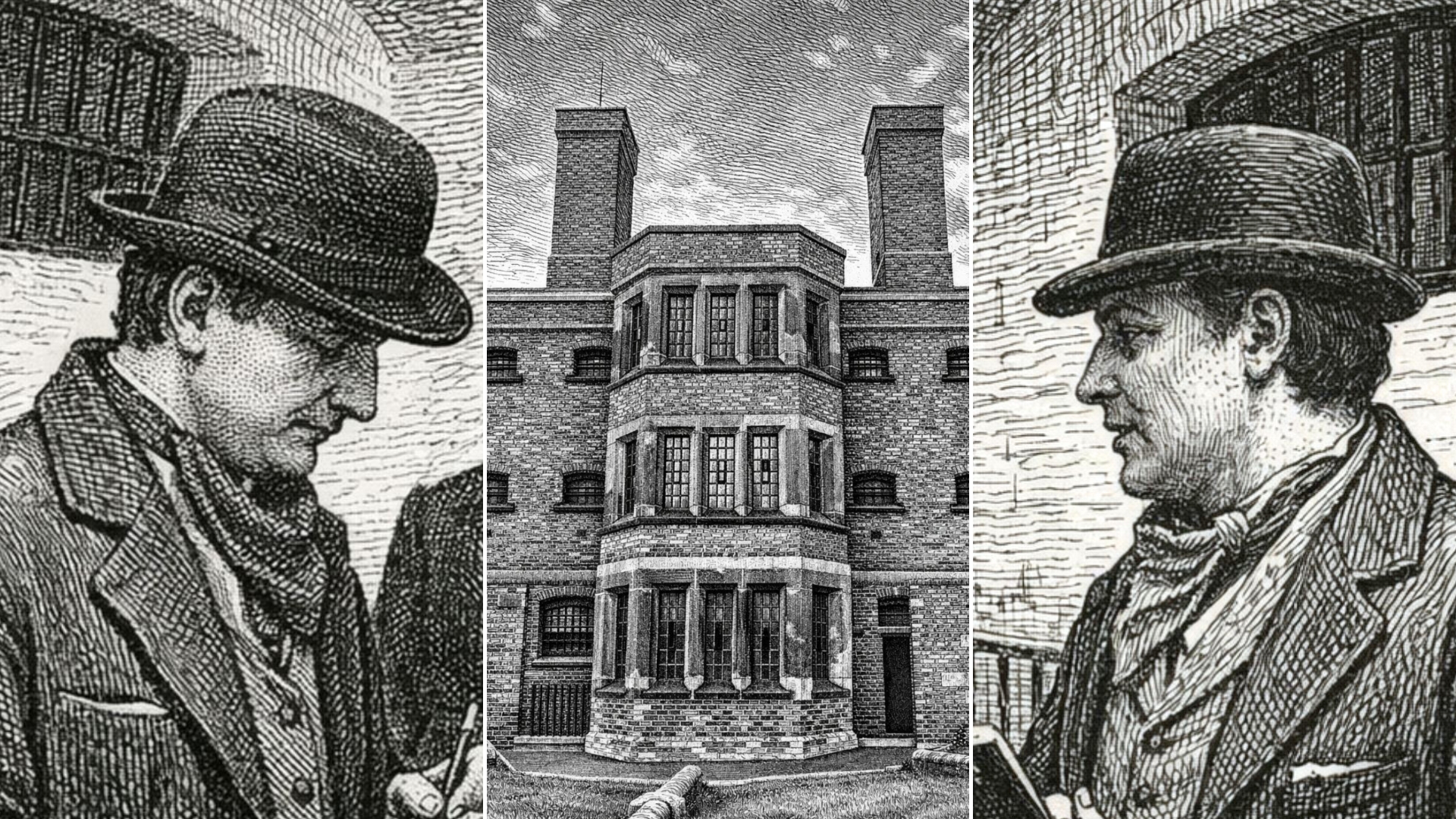 Collage of three black and white woodcut style images. Central image shows Lincoln Castle's Victorian Prison. Left and right images show a reporter writing in a notebook