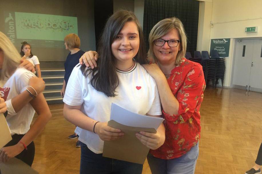 Pupil receiving her results with her parent