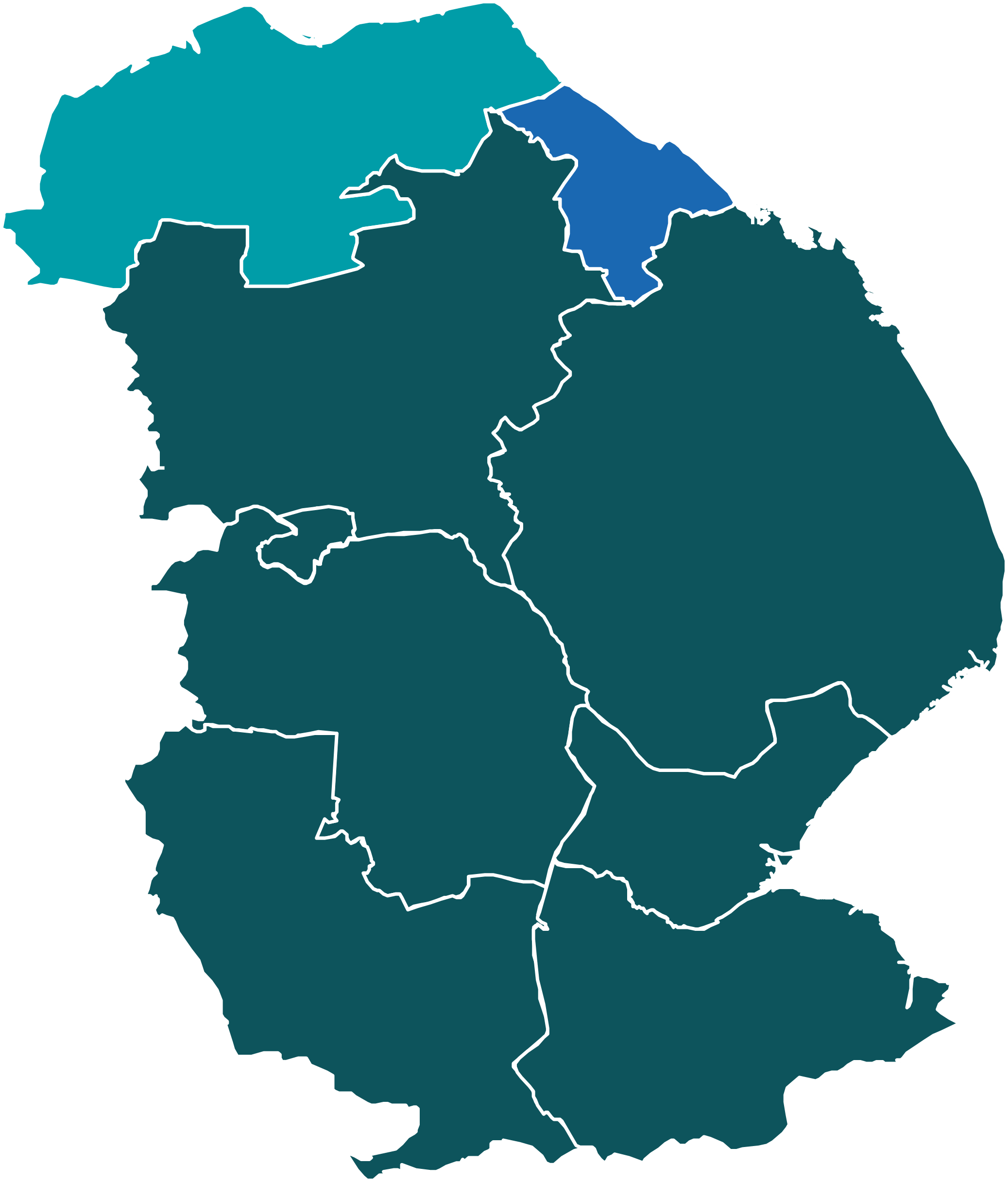 The dark green area shows the seven district council areas that the county council covers and that the Your Lincolnshire proposal merges.