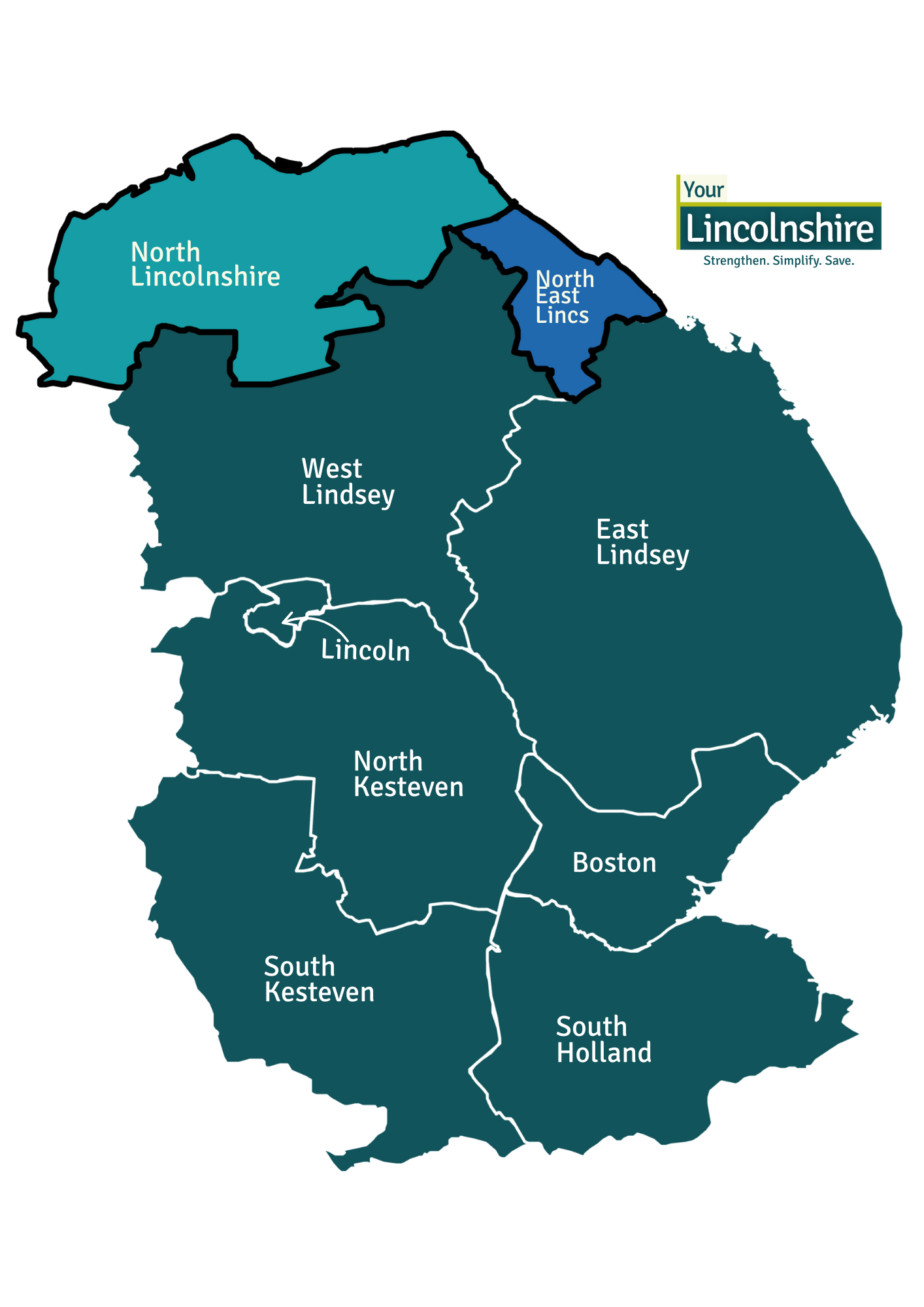 Map of Lincolnshire, including the boundaries of Lincolnshire, North Lincolnshire and North East Lincolnshire