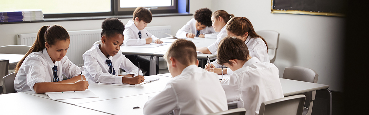 Image of students wearing uniform sitting at desks
