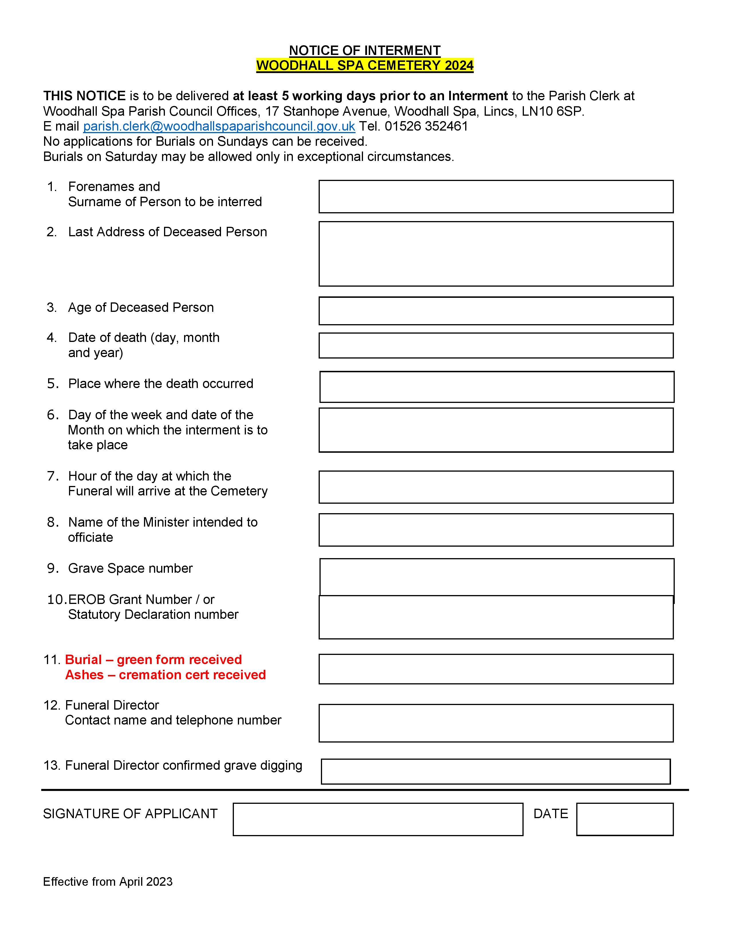 Notice of interment application form apr24